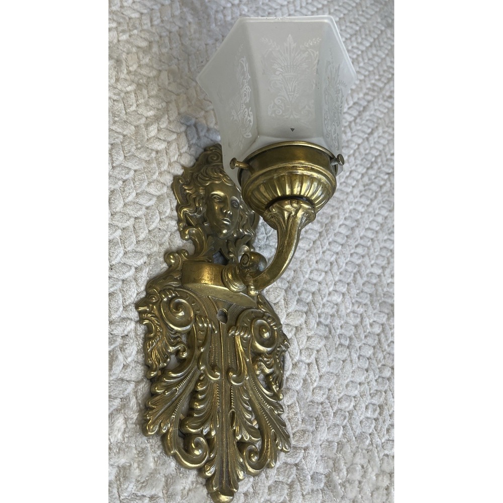VTG Art Nouveau‎ Lady Face Bronze Brass Wall Sconce Light Globe Electric